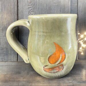 Hand Made Stoneware Pottery Coffee Mug Cup Green Fire Flame Artist Signed Mug